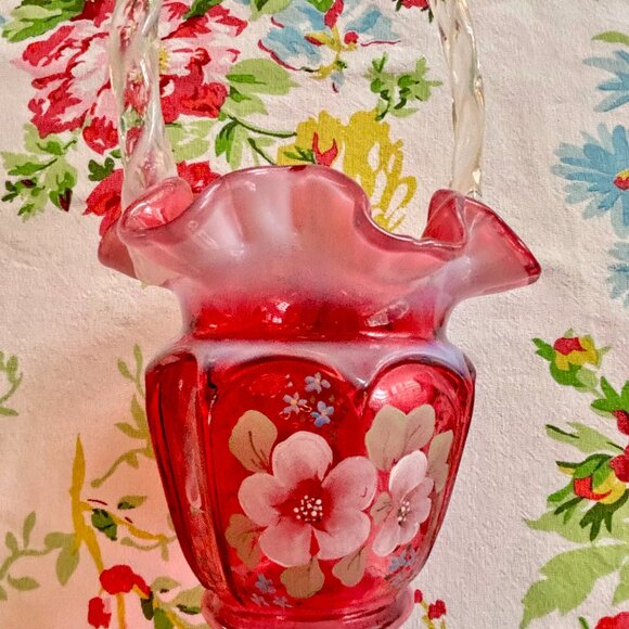 Fenton Glass Basket Cranberry Opalescent Open Heart Arches Bill and George - Picture 7 of 13